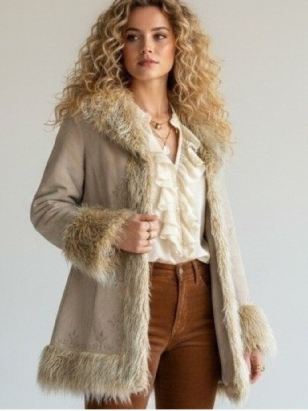 JLC New York Y2K Tan Suede Leather Penny Lane W/Faux Shearling Trim Size L